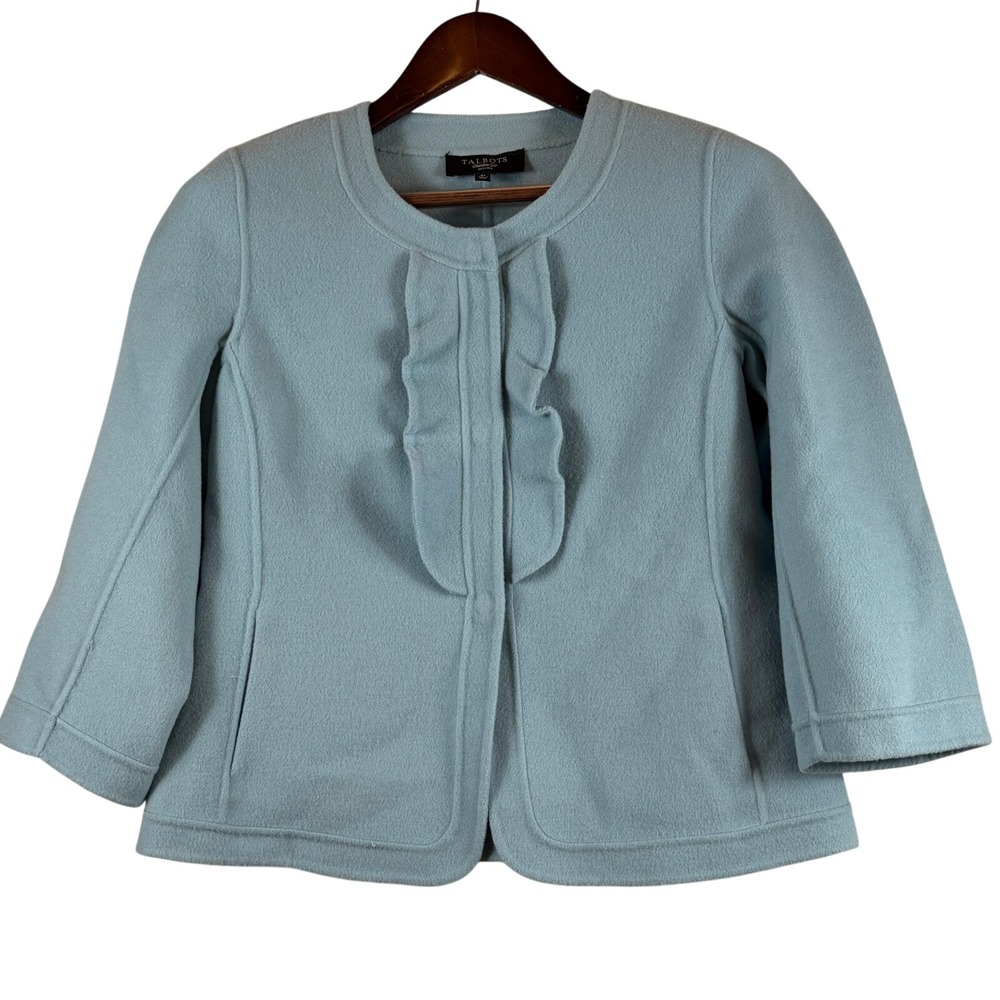Talbots Collection Petites 8P Light Blue Wool Blend Ruffle Front Jacket Blazer